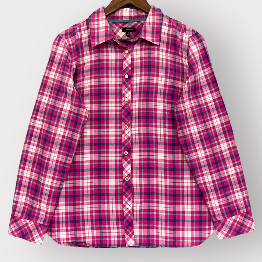 Talbots Plaid Button Down Shirt Womens M Pink Teal Cotton Excellent Long Sleeve